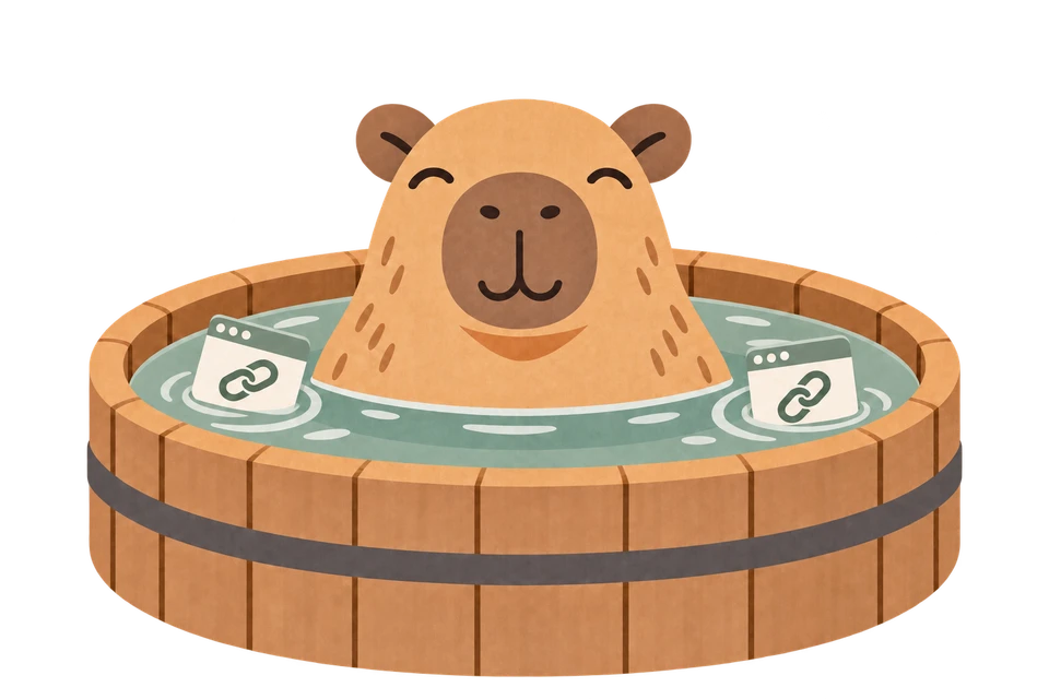 A capybara soaking in a wooden hot tub with floating link pages
