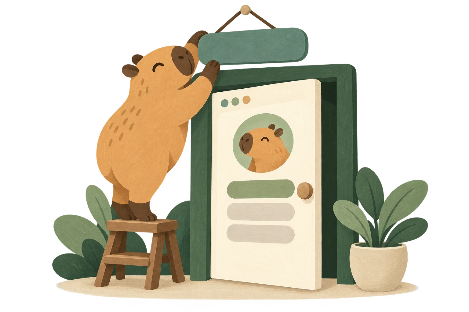 A capybara hanging a sign above a link-page doorway