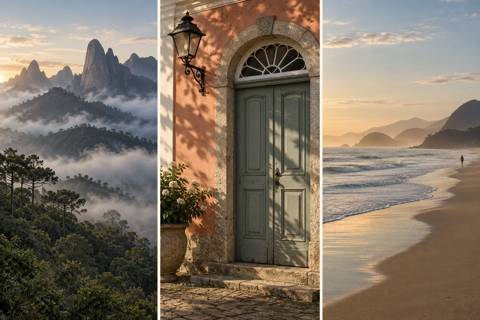 An original travel photography triptych: mountains, architecture and coast