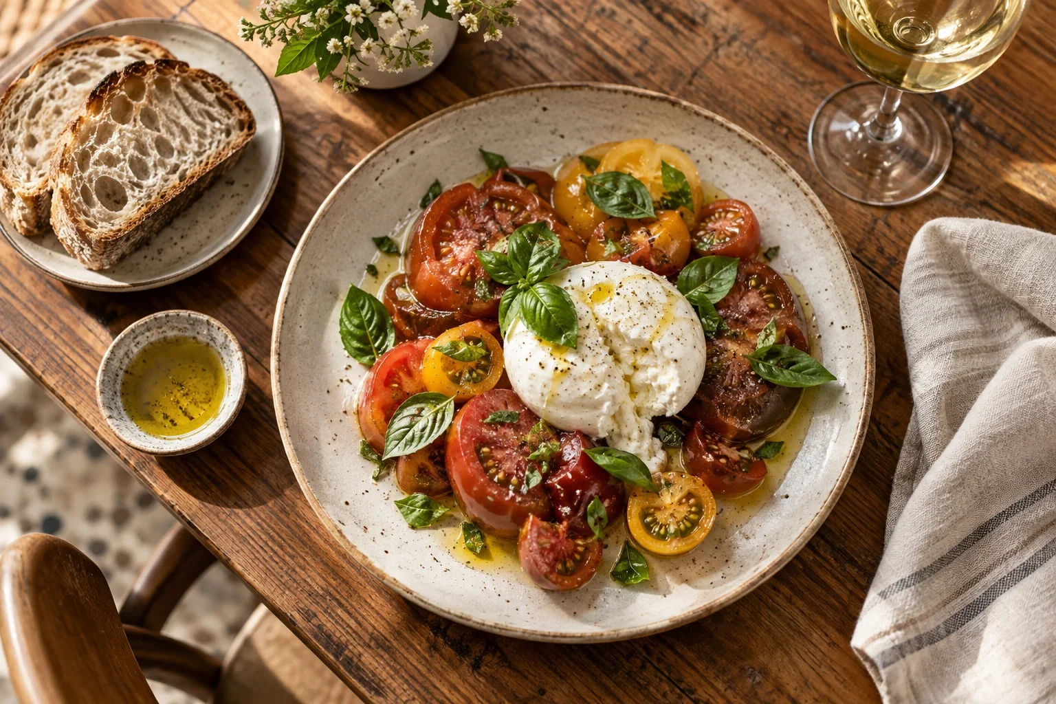 Burrata, ripe tomatoes and fresh basil