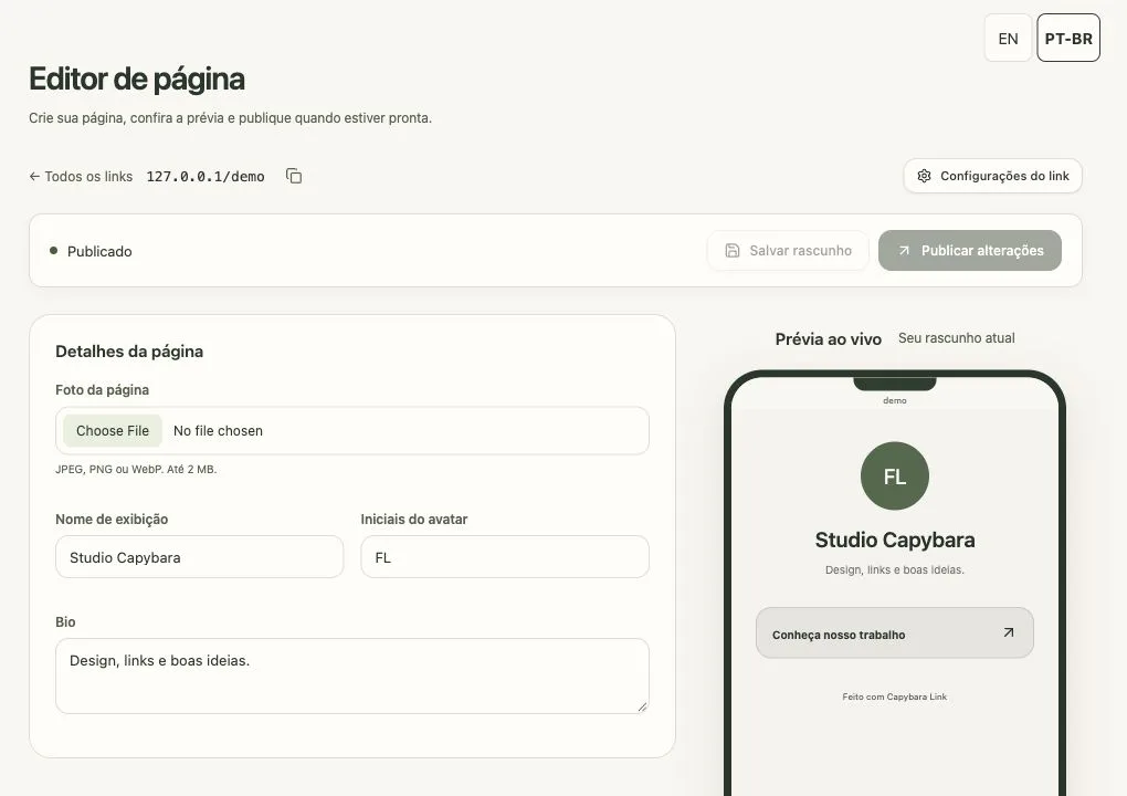 Capybara Link page editor showing content controls and a live preview